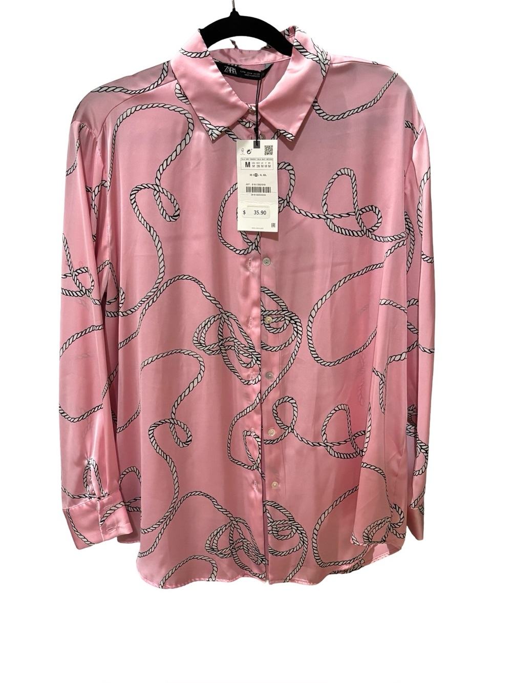NWT ZARA  Pink Chain Knot Button Blouse- silky pink medium blouse